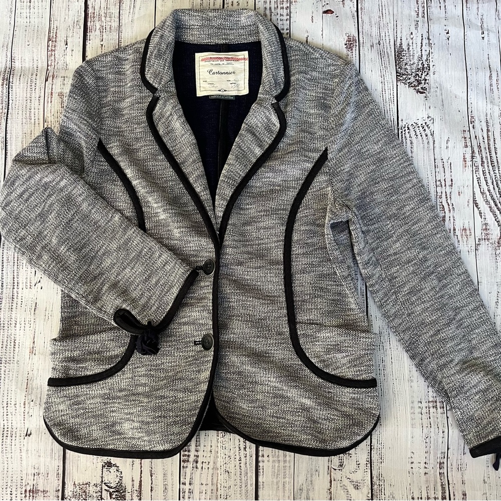 Anthropologie Cartonnier Piped Becket Sweater Knit Blazer Gray Black Size Lg